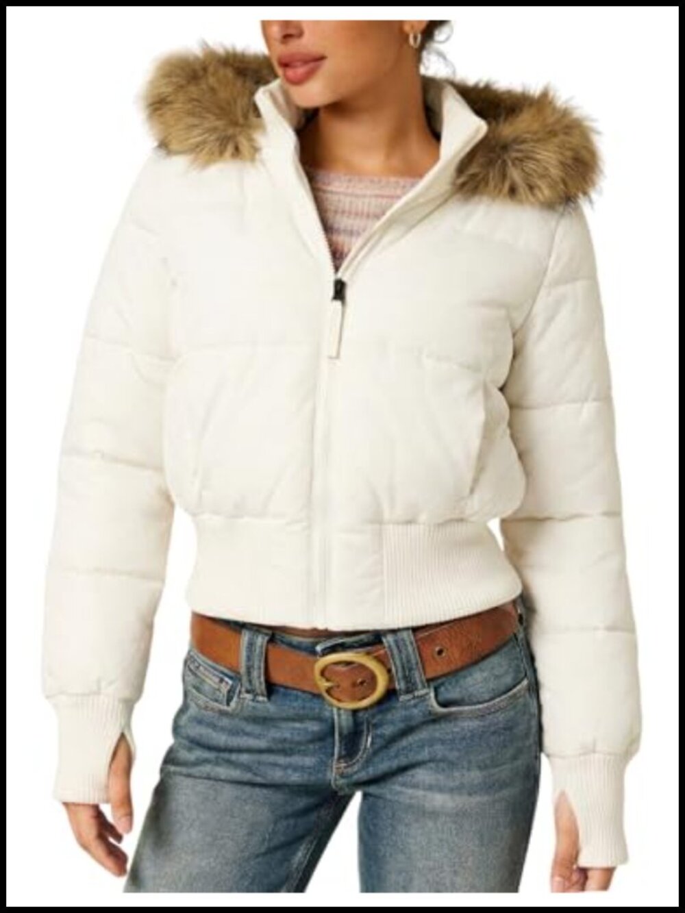 Cropped Puffer Jacket Womens Hooded Winter Quilted Faux Fur Trim Coat